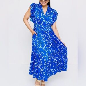 THML Blue Ruffle Sleeve Tiered Maxi Dress Size M Abstract Print Summer
